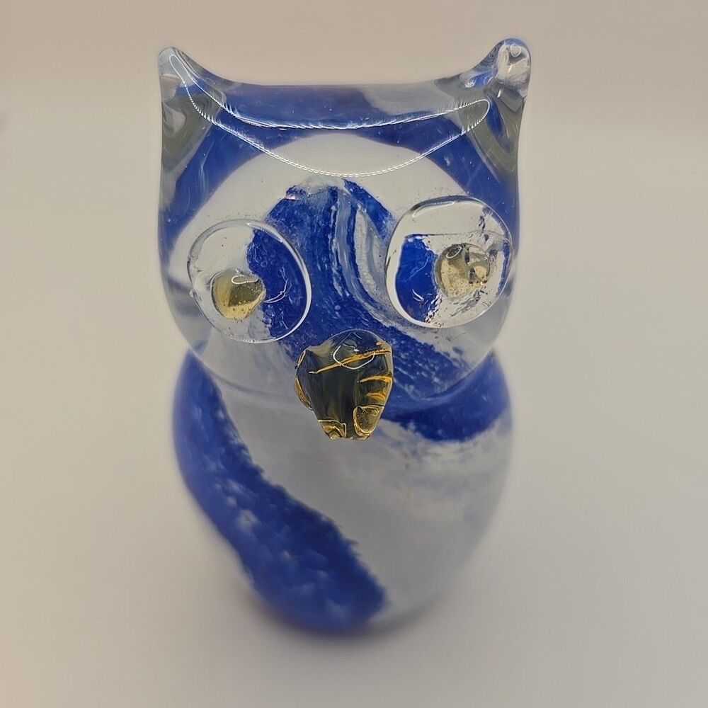 Vintage Art Glass Handmade Paperweight Owl Clear with Blue and White Stripes 3”